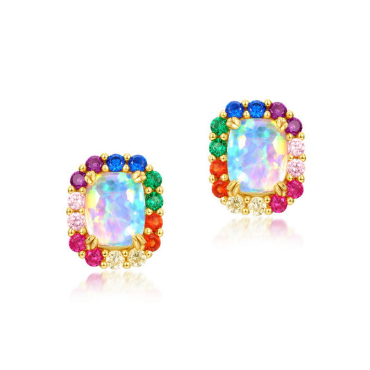 Rainbow Halo Rectangle Opal Stone Silver Stud Earrings