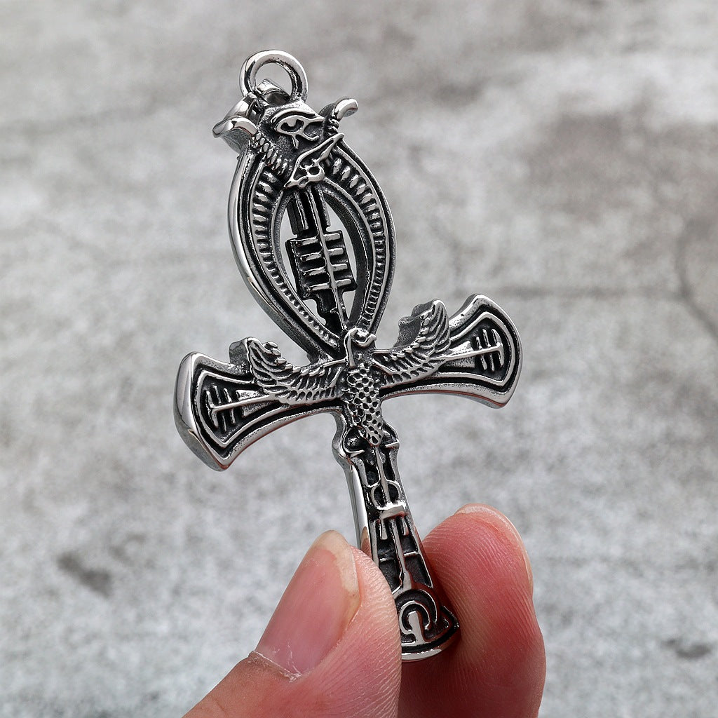 Vintage Cross Egyptian Stainless Steel Men's Pendant Necklace