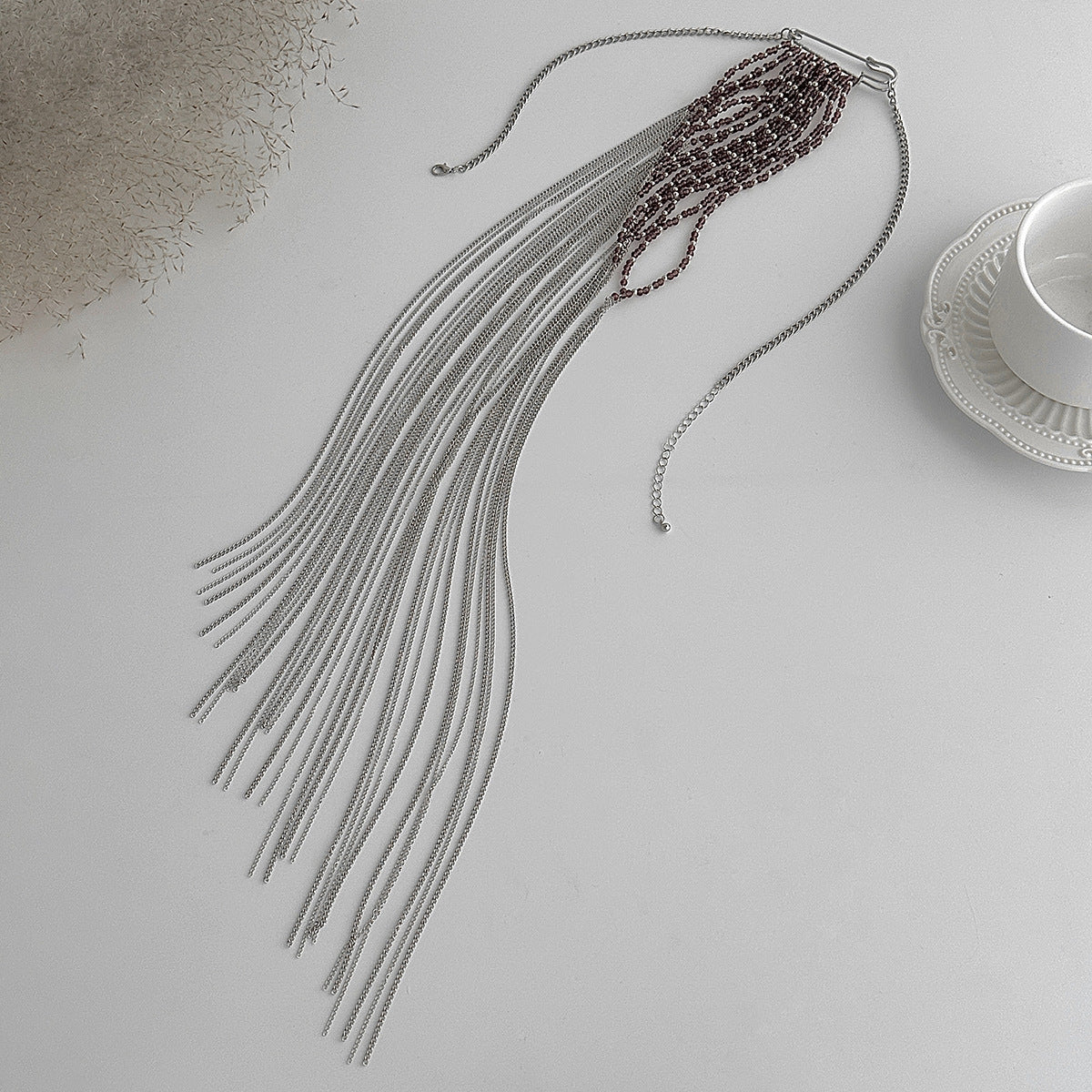 Tie-Shaped Bead Fringe Necklace & Pin