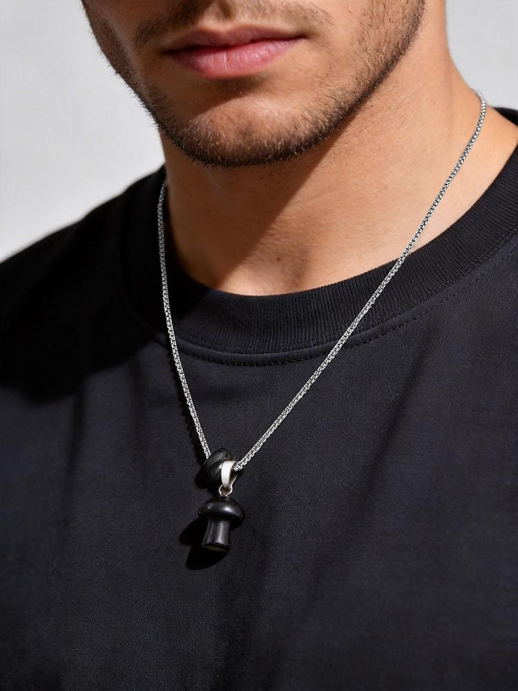 Stainless Steel Natural Tiger's Eye Stone Obsidian Mushroom Necklace Daily