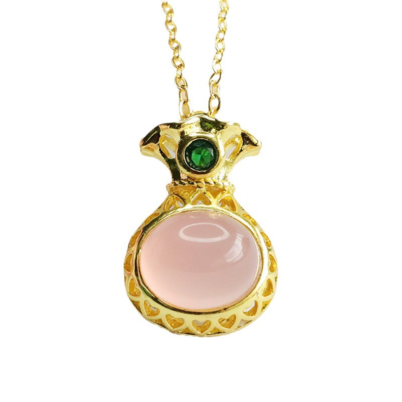 Pink Chalcedony Money Bag Necklace with Oval Pendant