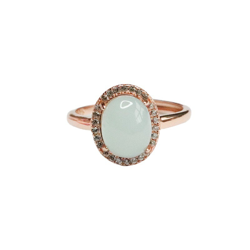 Sterling Silver Oval Jadeite Zircon Halo Ring