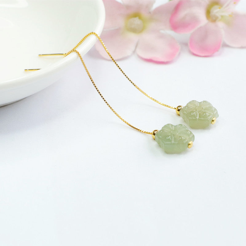 Small Flower Sterling Silver Earrings with Natural Hetian Jade Insets