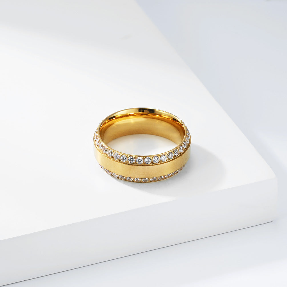 Planderful Unisex Zircon Ring Double Row 18K Gold Inlaid Titanium Steel Plated Luxury Jewelry
