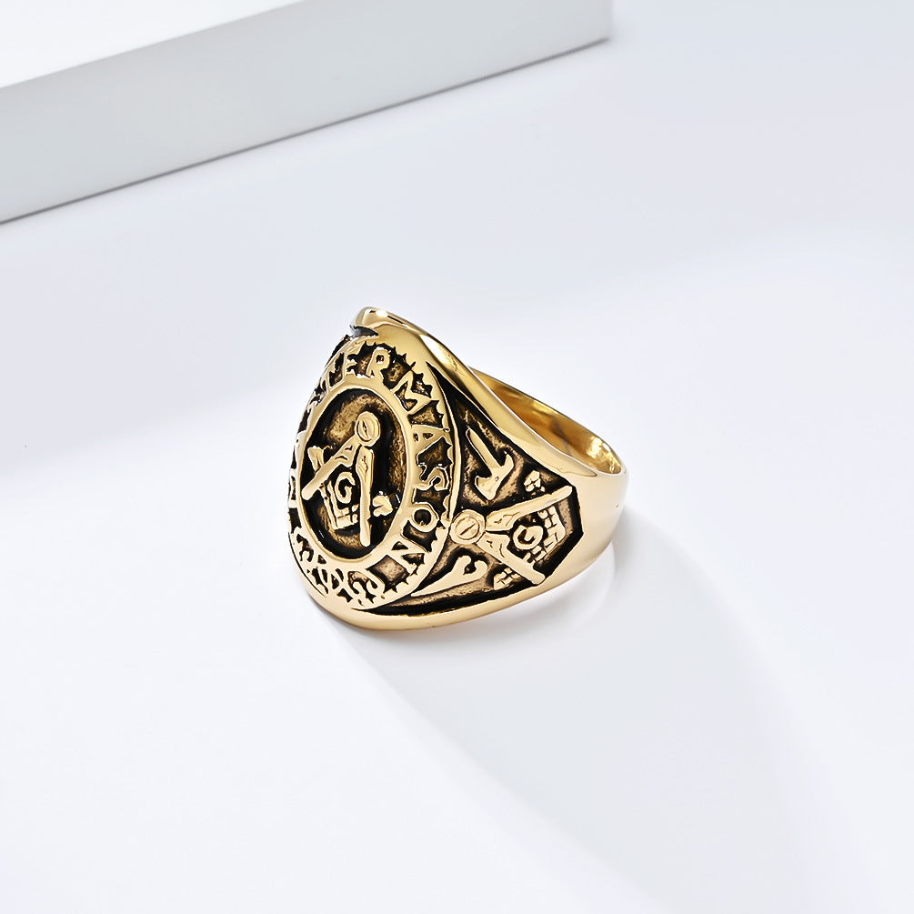 Planderful Freemasonry Ring For Men Titanium Steel Durable Vintage Logo Fraternity Jewelry