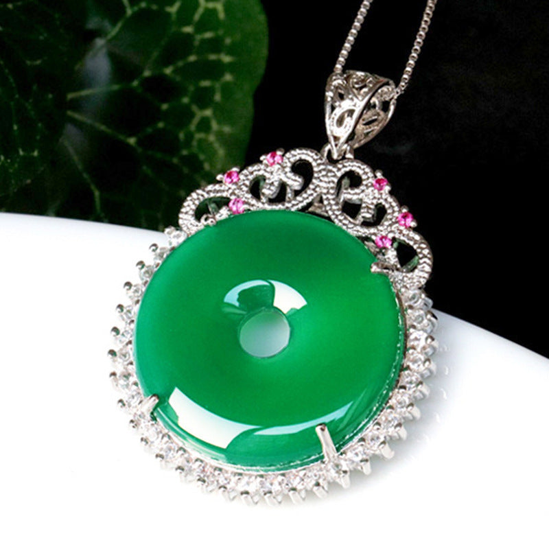 Green Chalcedony Zircon Halo Peace Buckle Necklace