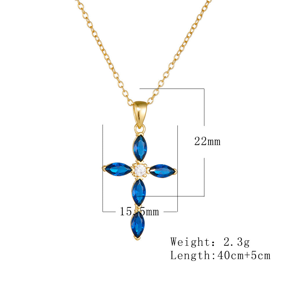 Elegance And Luxurious Full Zircon Cross Sterling Silver Necklace, Blue Pendant