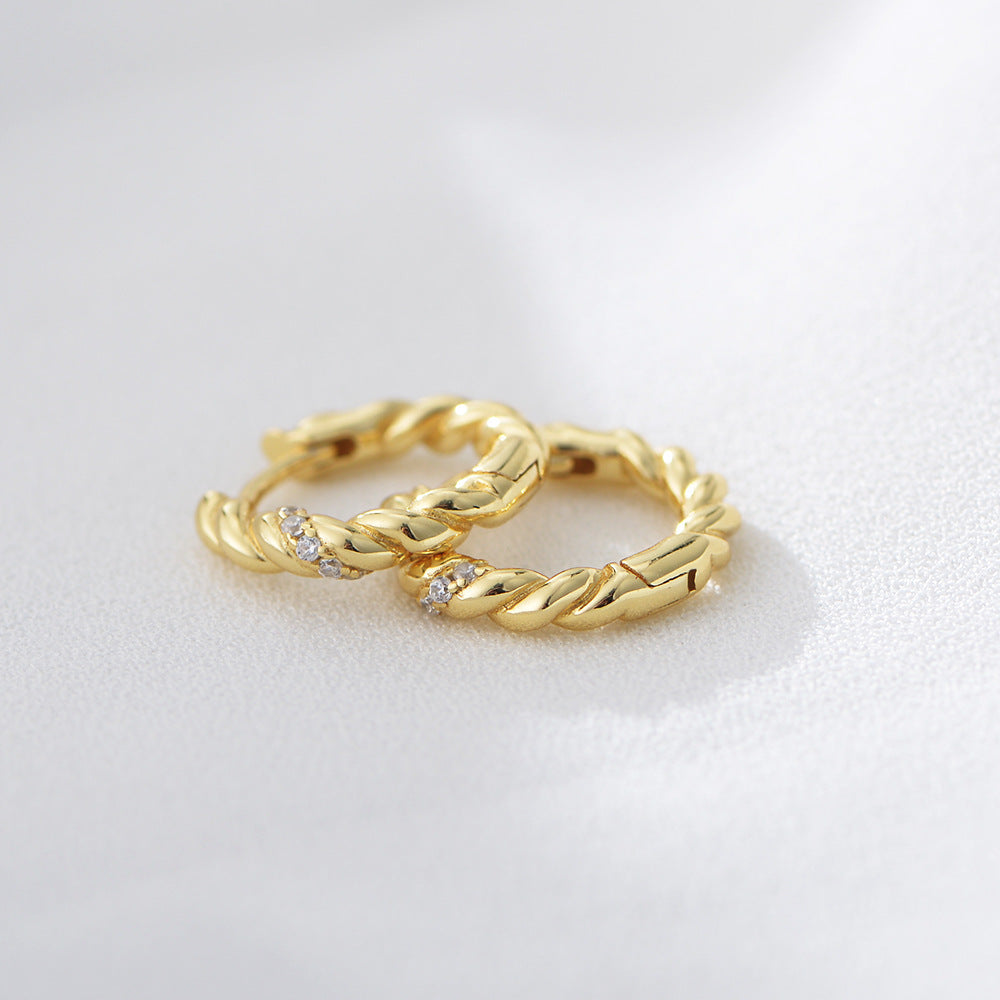 S925 Sterling Silver Earrings, Minimalist Twist Inlaid Zircon Ear Buckle Earrings, Gold-Plated Tremella