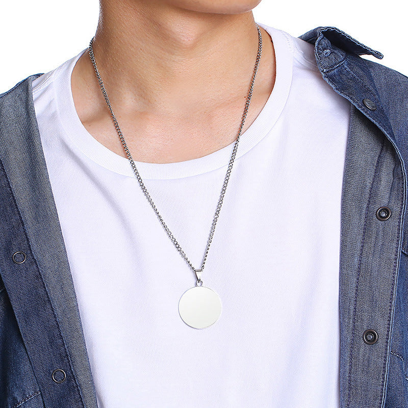Stainless Steel Bare Body Round Card Pendant Black Men's Necklace