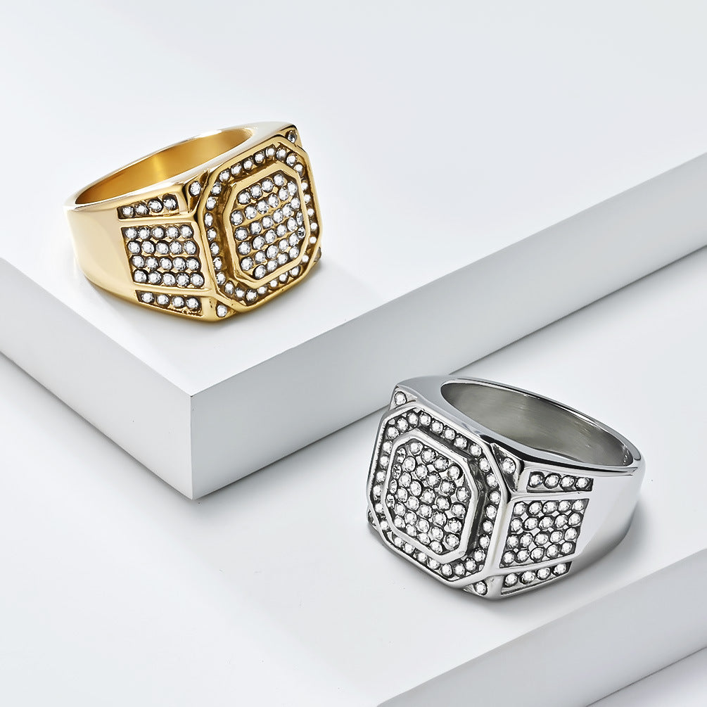 Planderful Hip Hop Ring For Men Titanium Steel Gold Plated Zircon Inlay Jewelry Premium