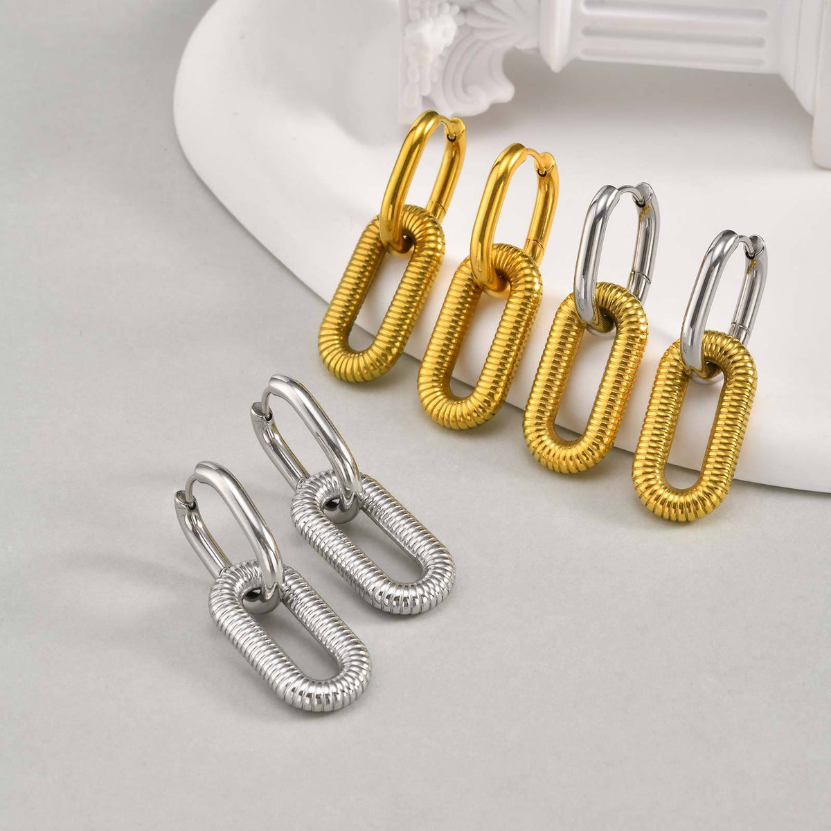 Textured Oval-Link Stainless Steel Drop Earrings