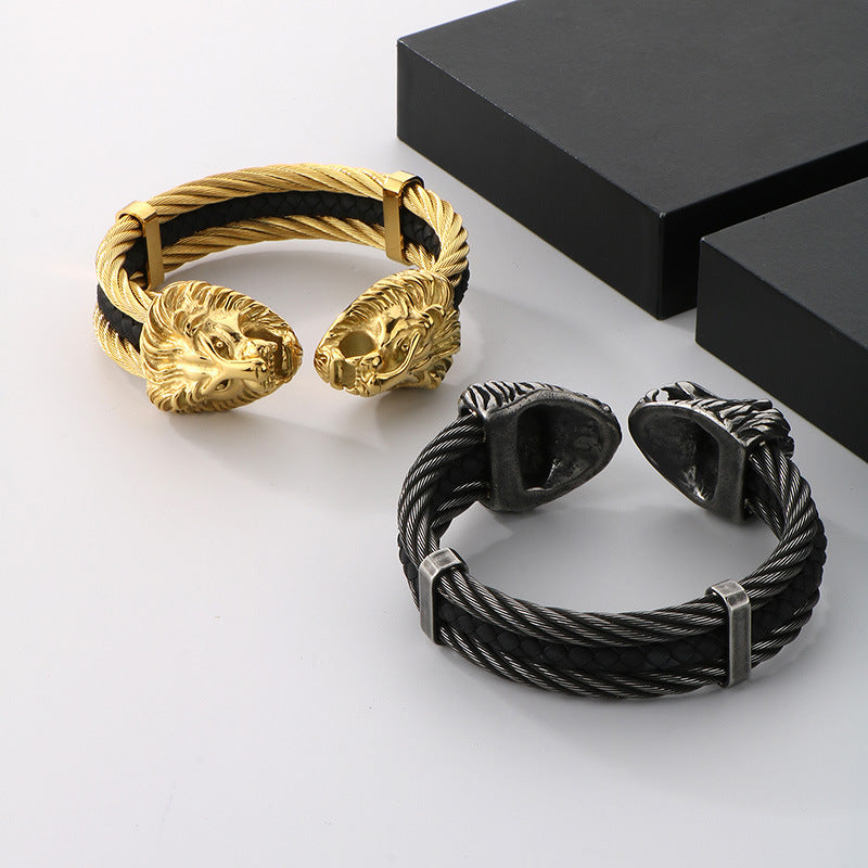 Planderful Titanium Lion Head Leather Bracelet For Men