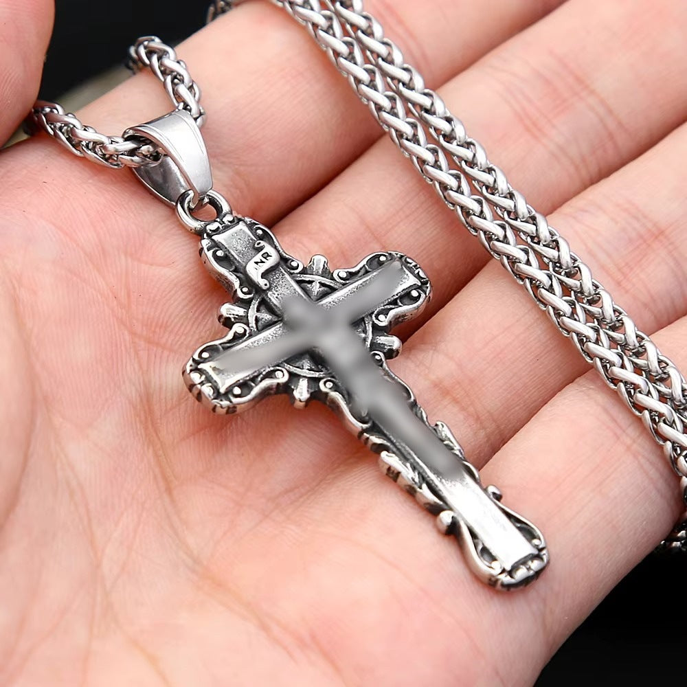 Planderful Cross Pendant Necklace For Men Durable Stainless Steel Retro European Style Hip Hop Jewelry