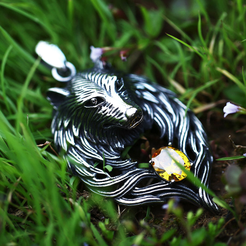 Viking-Inspired Titanium Steel Wolf Head Pendant with Stone Accents for Men
