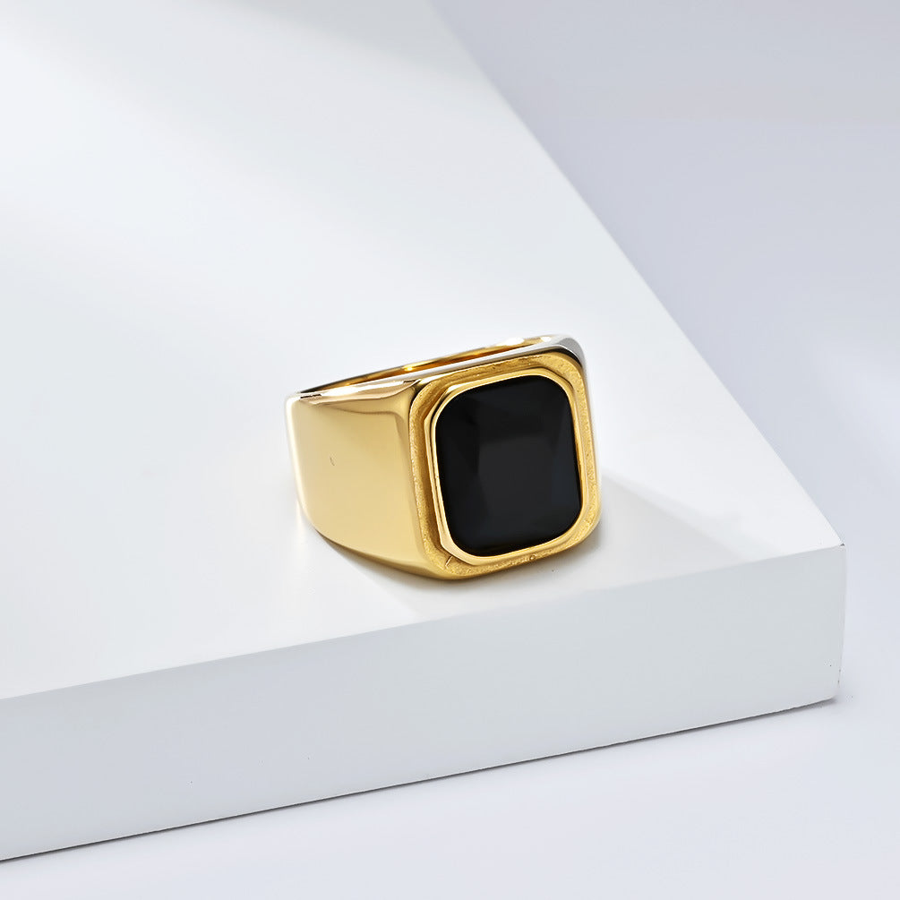 Planderful Personalized Light Luxury Men's Square Gemstone Ring Titanium Steel Gold-Plated
