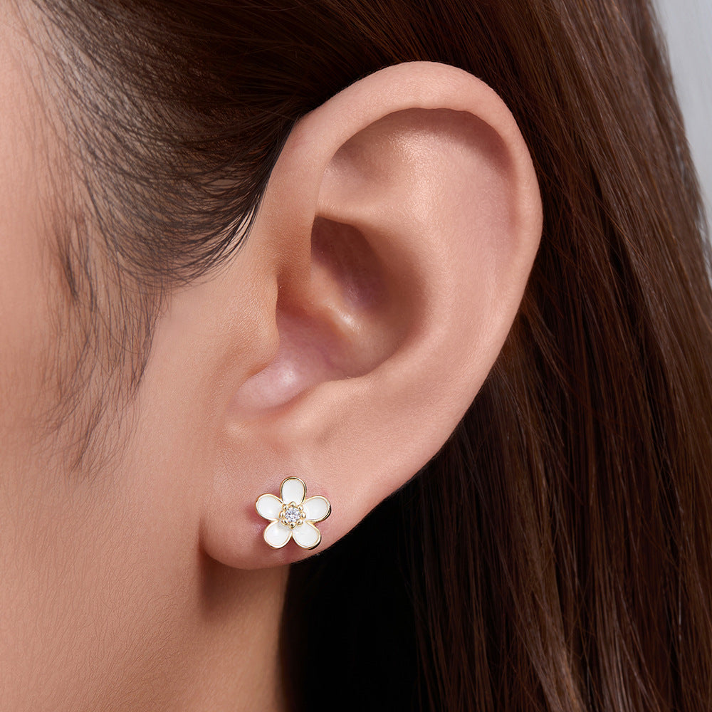 S925 Sterling Silver French Zircon Dripping Flower Earrings Sweet And Cute Versatile Ear