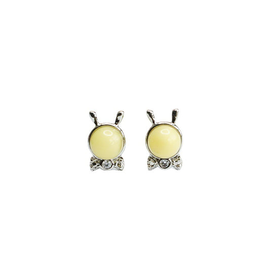 Beeswax Amber Bunny Bow 925 Silver Stud Earrings