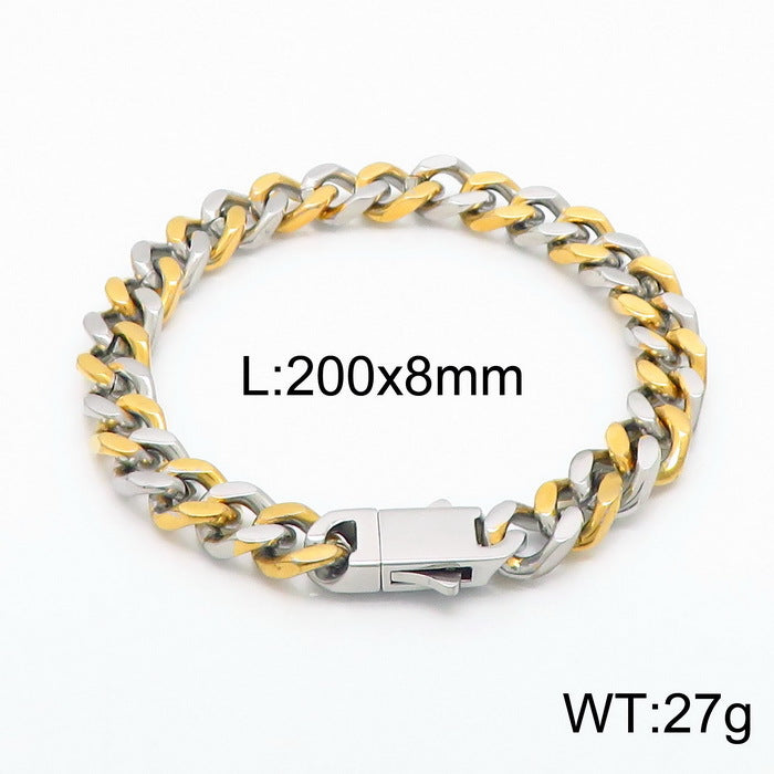 Stainless Steel Cuban Chain Bracelet, Rock Street Men's Vacuum Plated Four-Sided Grinding Square Necklace