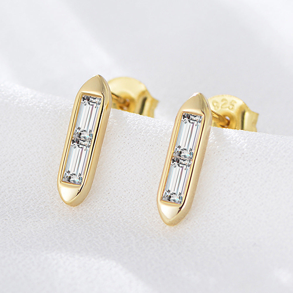 Korean Version S925 Sterling Silver Geometric Versatile Square Strip Inlaid Zircon Stud Earrings
