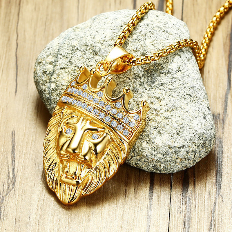 Trendy Man Lion Head Zircon Titanium Steel Pendant