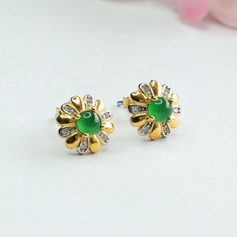 Icy Green Jadeite Petal 925 Silver Stud Earrings