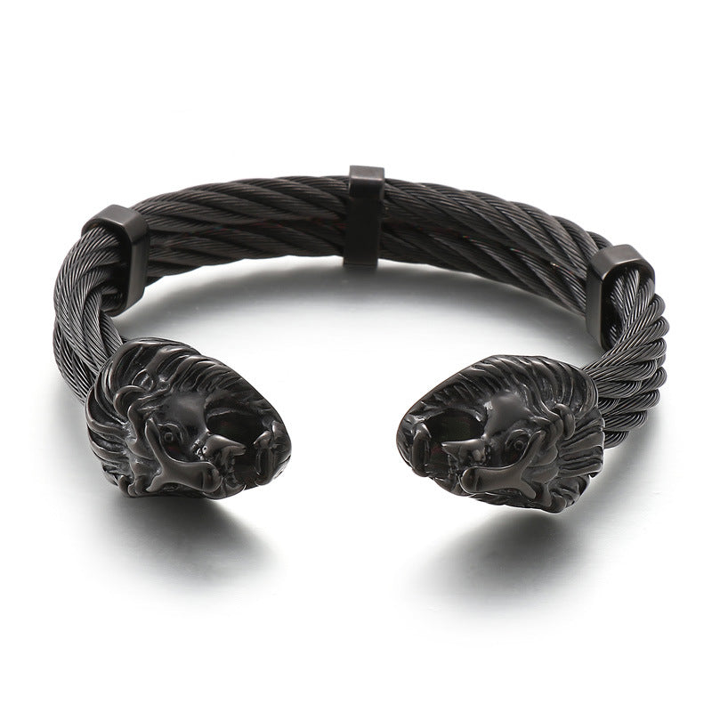 Punk Style Braided Wire – Lion Head Wolf Head Titanium Steel Men's Bracelet