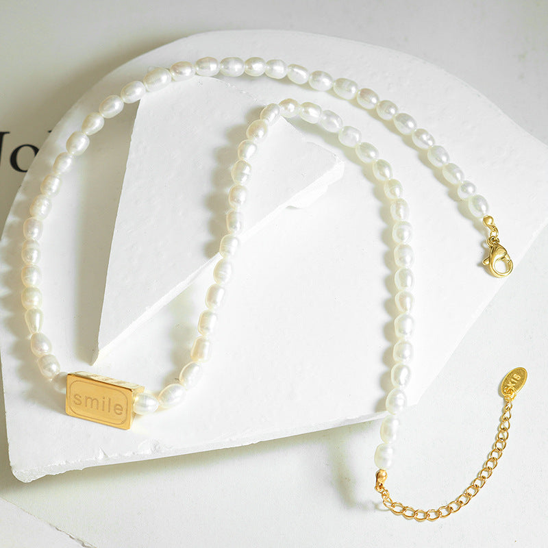 European American Triangle Carved Smiling Face Necklace - Titanium Steel & Freshwater Pearl