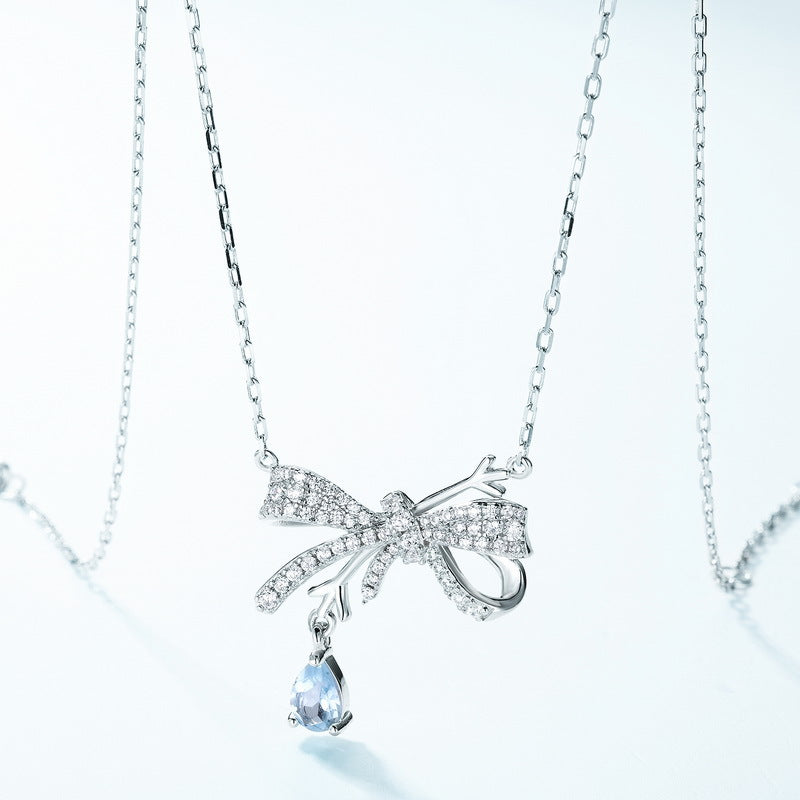 Zircon Bow Knot Pear Shape Sky Blue Topaz Sterling Silver Necklace