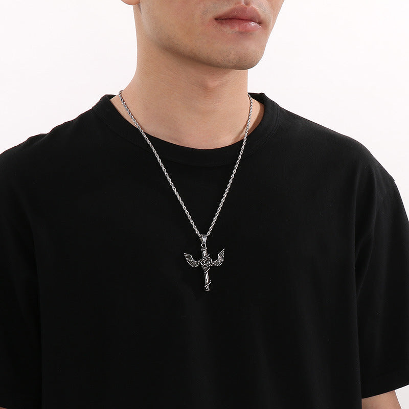 Flying Wings Pendant, Gothic Lion Head Rose Cross Wings Titanium Steel Men's Pendant Necklace