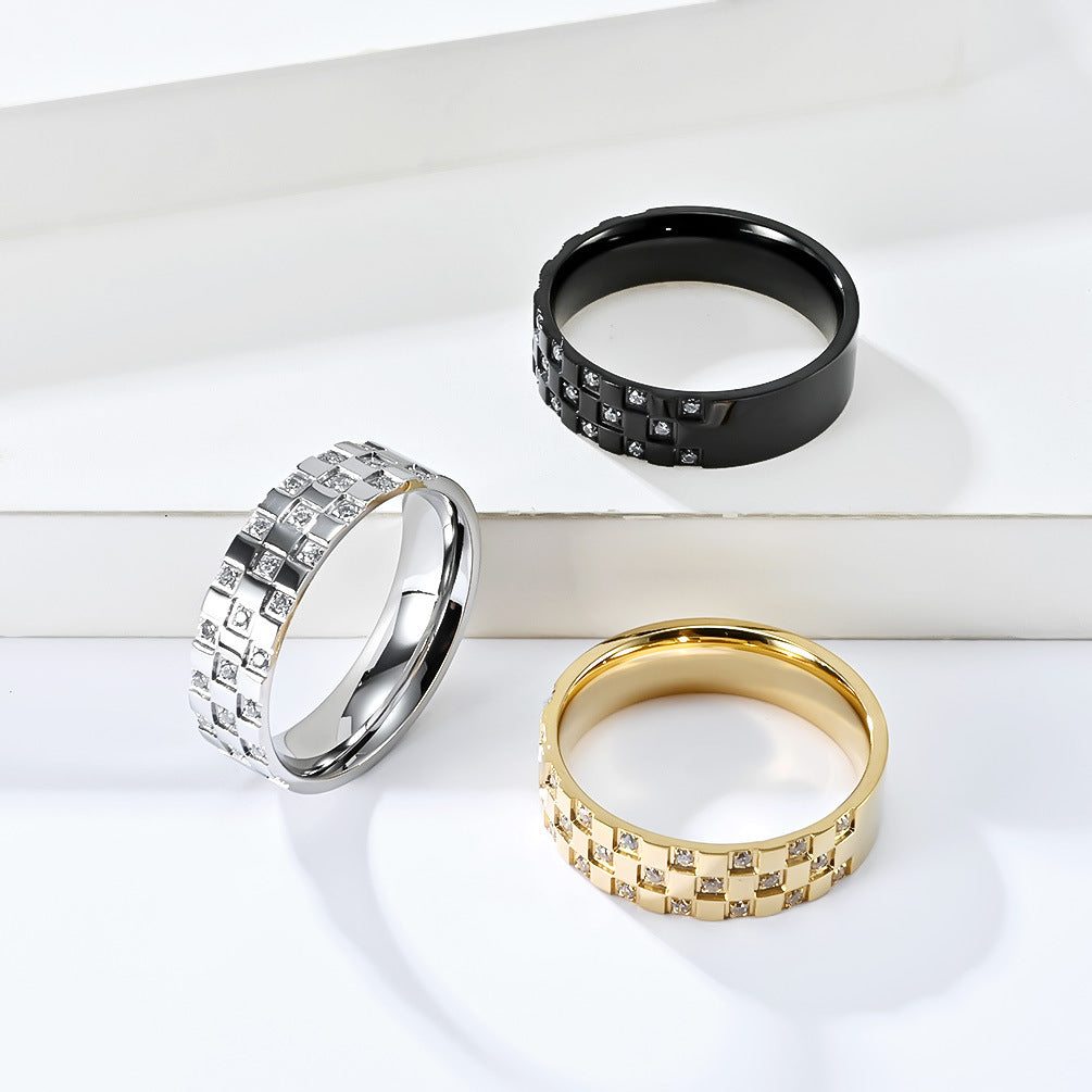 Planderful Zircon Ring Unisex Titanium Steel Inlaid Checkered Zircon For Couples Everyday Genie