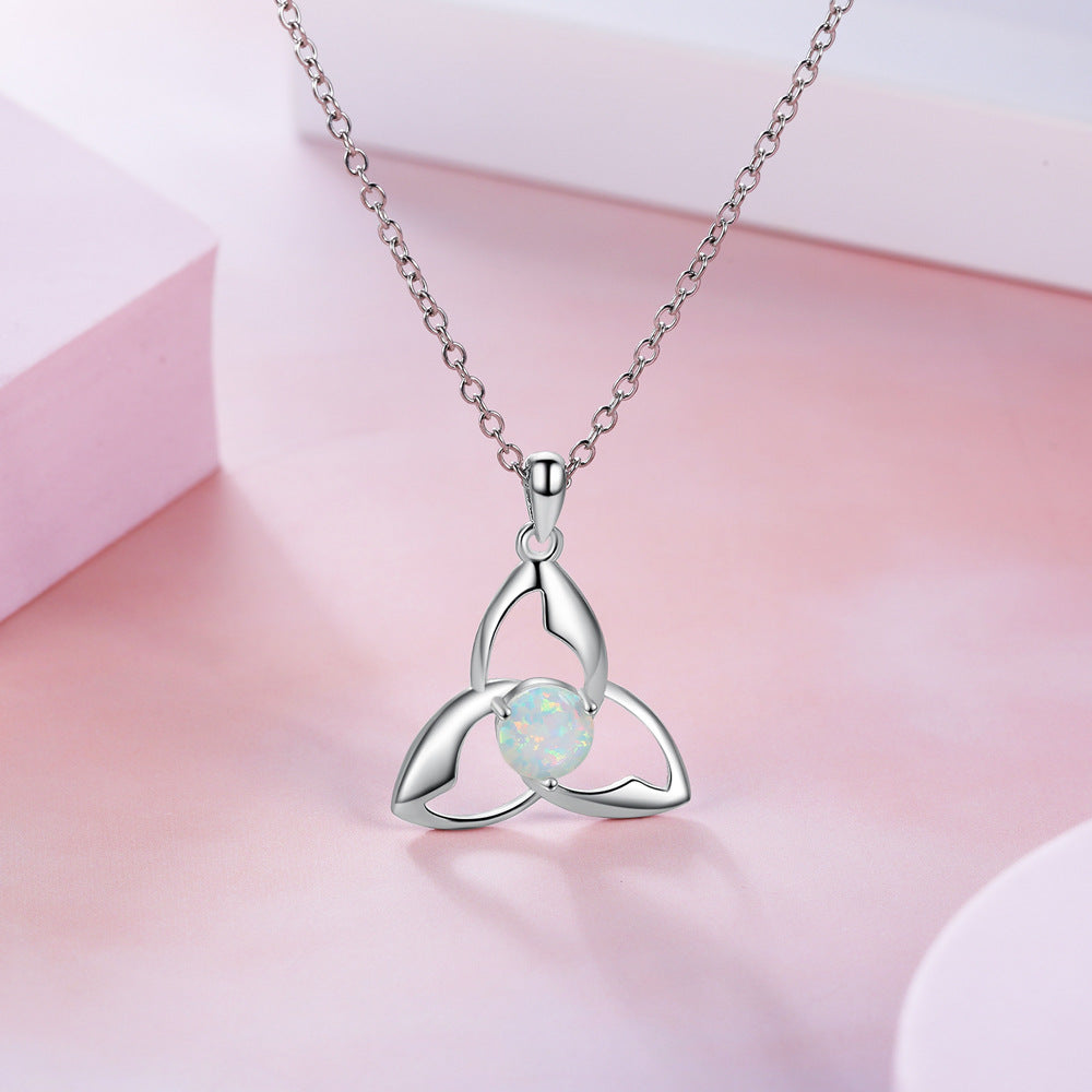 Three Leaf Windmill Round Opal Sterling Silver Necklace