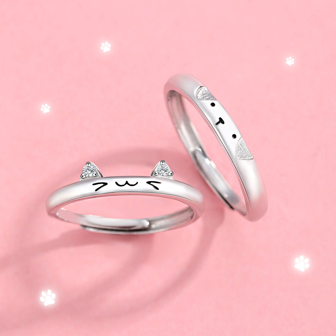 Planderful S925 Sterling Silver Cat And Dog Love Ring Adjustable Opening For Pet Lovers Cartoon Style