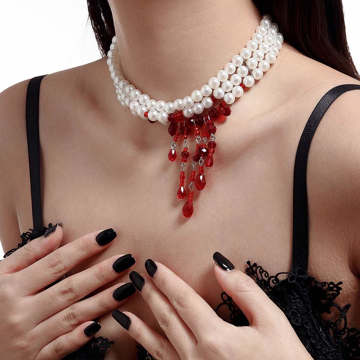 Gothic Pearl Heart Blood-Drip Layered Necklace