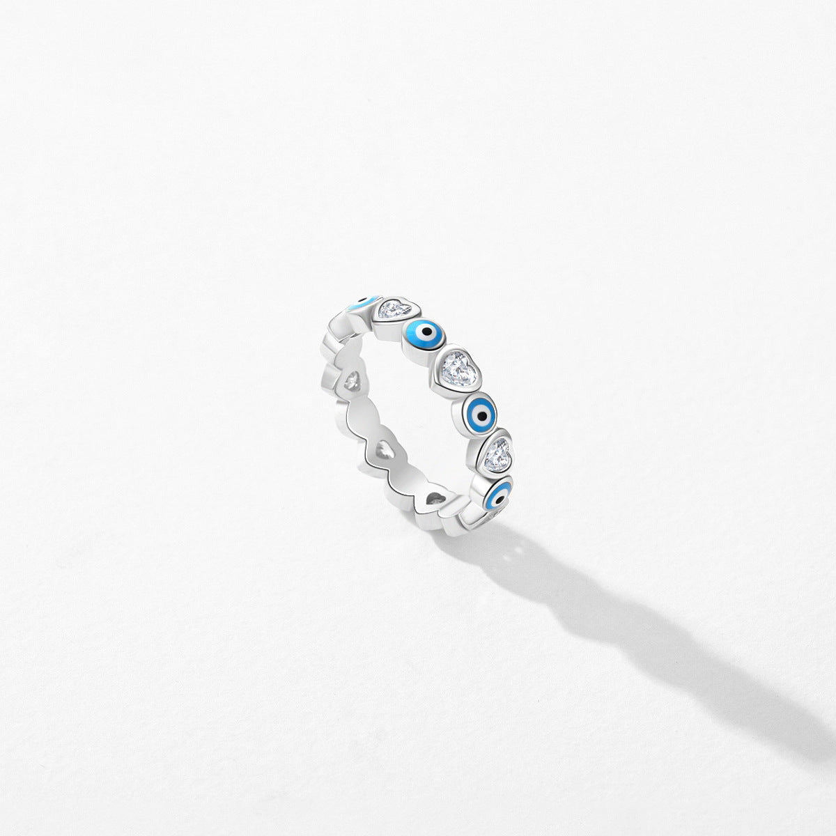 S925 Sterling Silver Blue Eye Heart Ring with Zircon Stacked Wind Detail