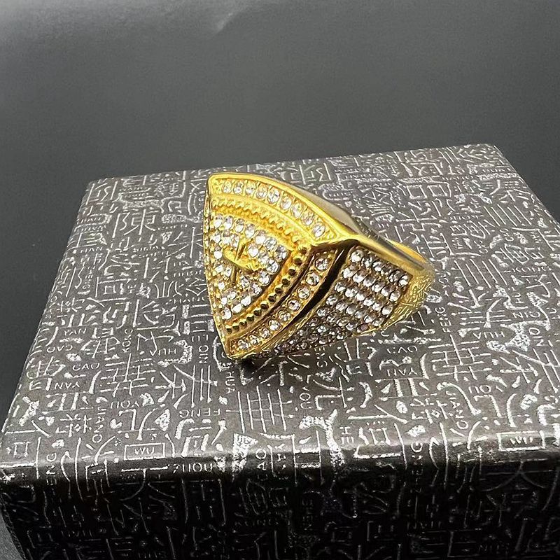 Planderful Hip Hop Ring For Men Stainless Steel Gold Plated Rhinestone Triangular Cross