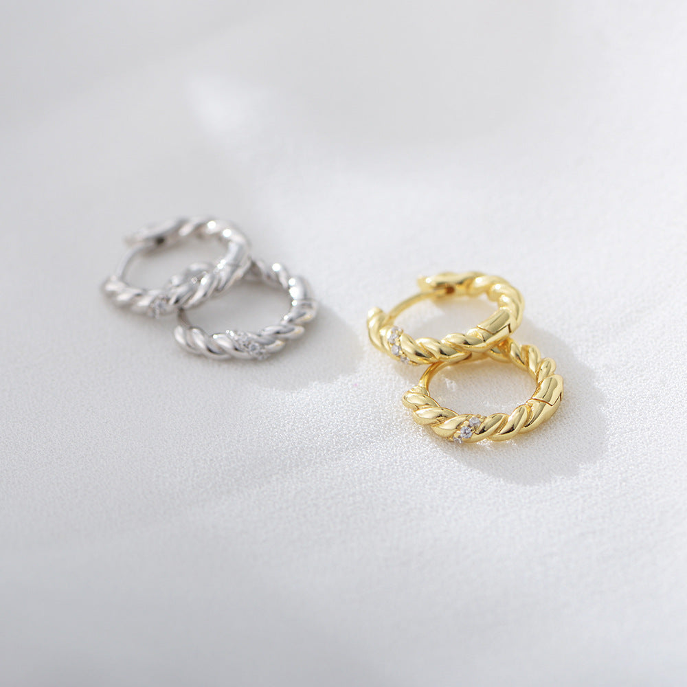 S925 Sterling Silver Earrings, Minimalist Twist Inlaid Zircon Ear Buckle Earrings, Gold-Plated Tremella