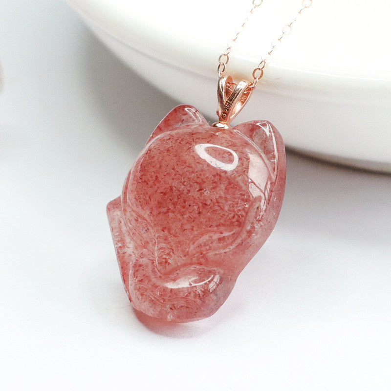 Strawberry Quartz Fox 925 Silver Pendant — No Chain