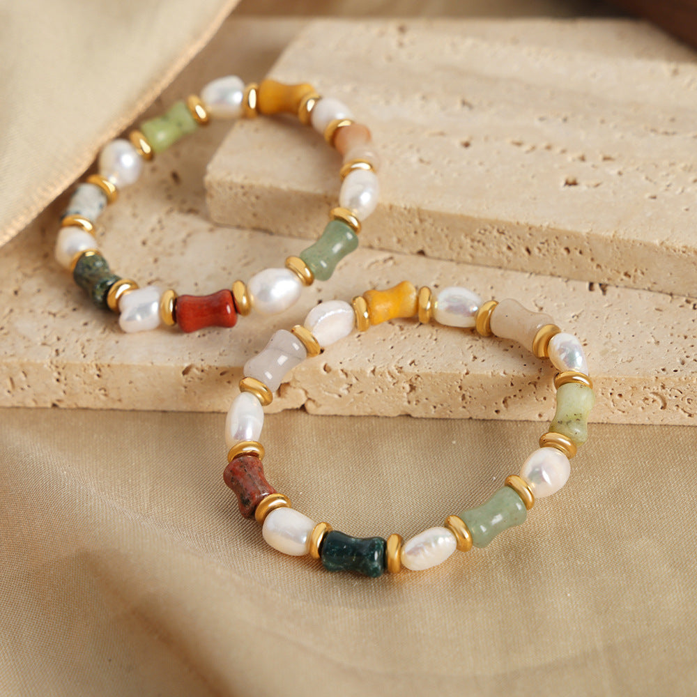 Baroque Freshwater Pearl and Natural Stone Handmade Bracelet with Light Luxury European and American Retro Design