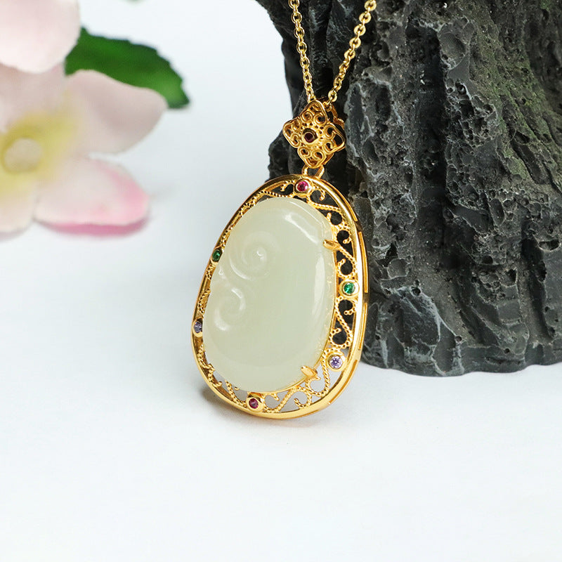 Jade Ruyi Necklace with Sterling Silver Pendant from Hotan