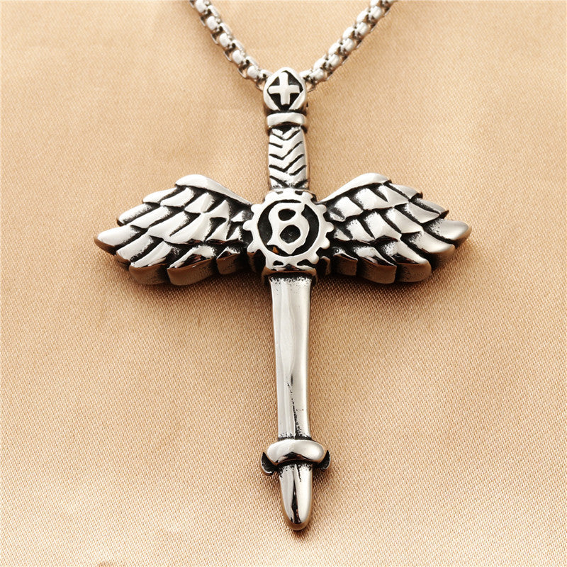 Titanium Steel Winged Sword Cross Pendant Necklace for Men - Retro Punk Style