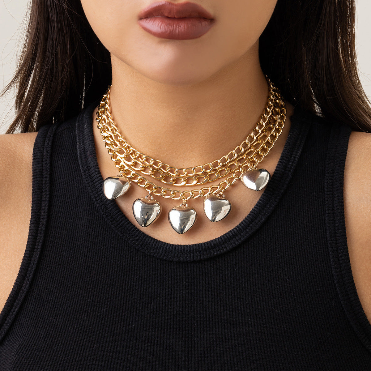 Peach Heart Geometric Necklace with Three-Dimensional Heart Pendant