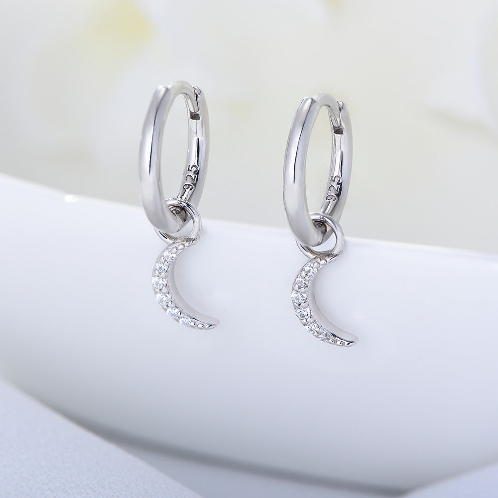 S925 Sterling Silver Small Micro-Inlaid Zircon Moon Earrings