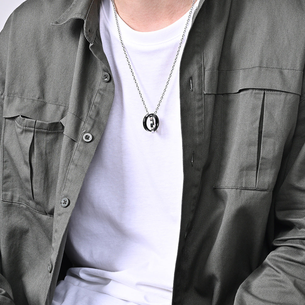 Classic Eternal Love Men's and Women's Double Ring Pendant Necklace in Titanium Steel