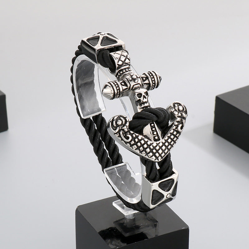 Antique Zodiac Leather Rope Bracelet – Leader Tiger Head Anchor Titanium Steel Men's Leather