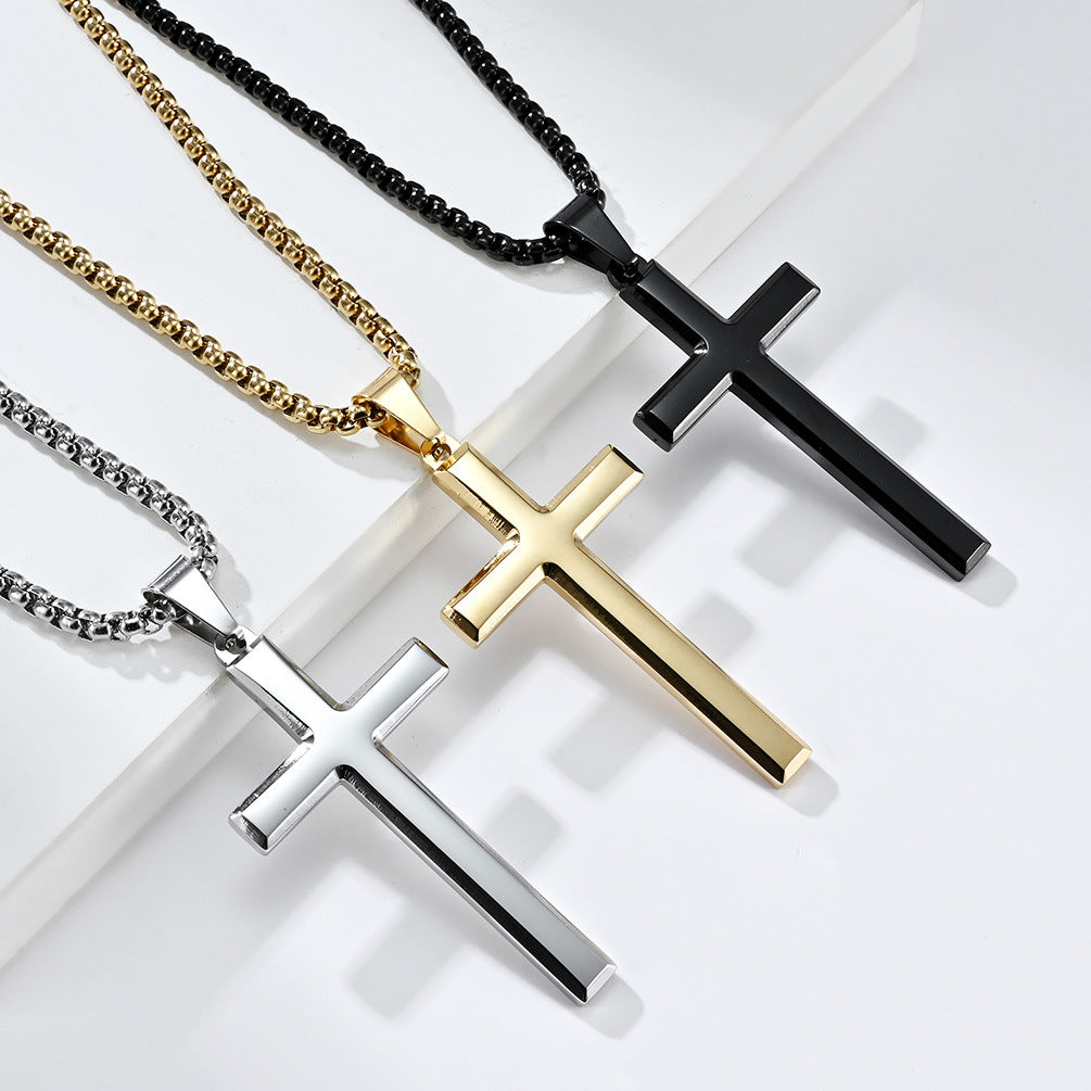 Simple Beveled Stainless Steel Cross Pendant Necklace for Men