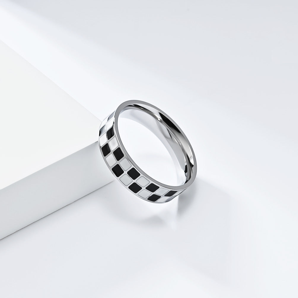 Light Luxury Black and White Grid Titanium Steel Ring