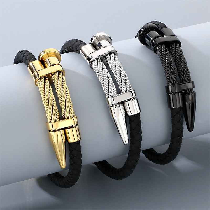 Steel Wire Nails Magnetic Buckle Bracelet – Punk Style Niche Dot Riveted Woven Leather