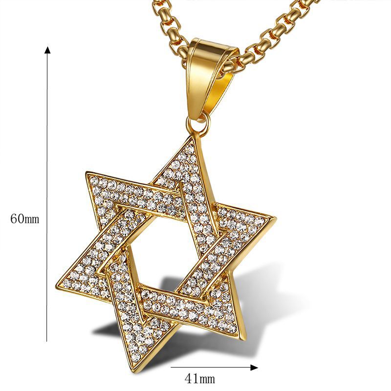 Planderful Iconic Star Of David Hexagram Pendant Necklace Stainless Steel With Zircon Crystals For Hip Hop Jewelry Fans