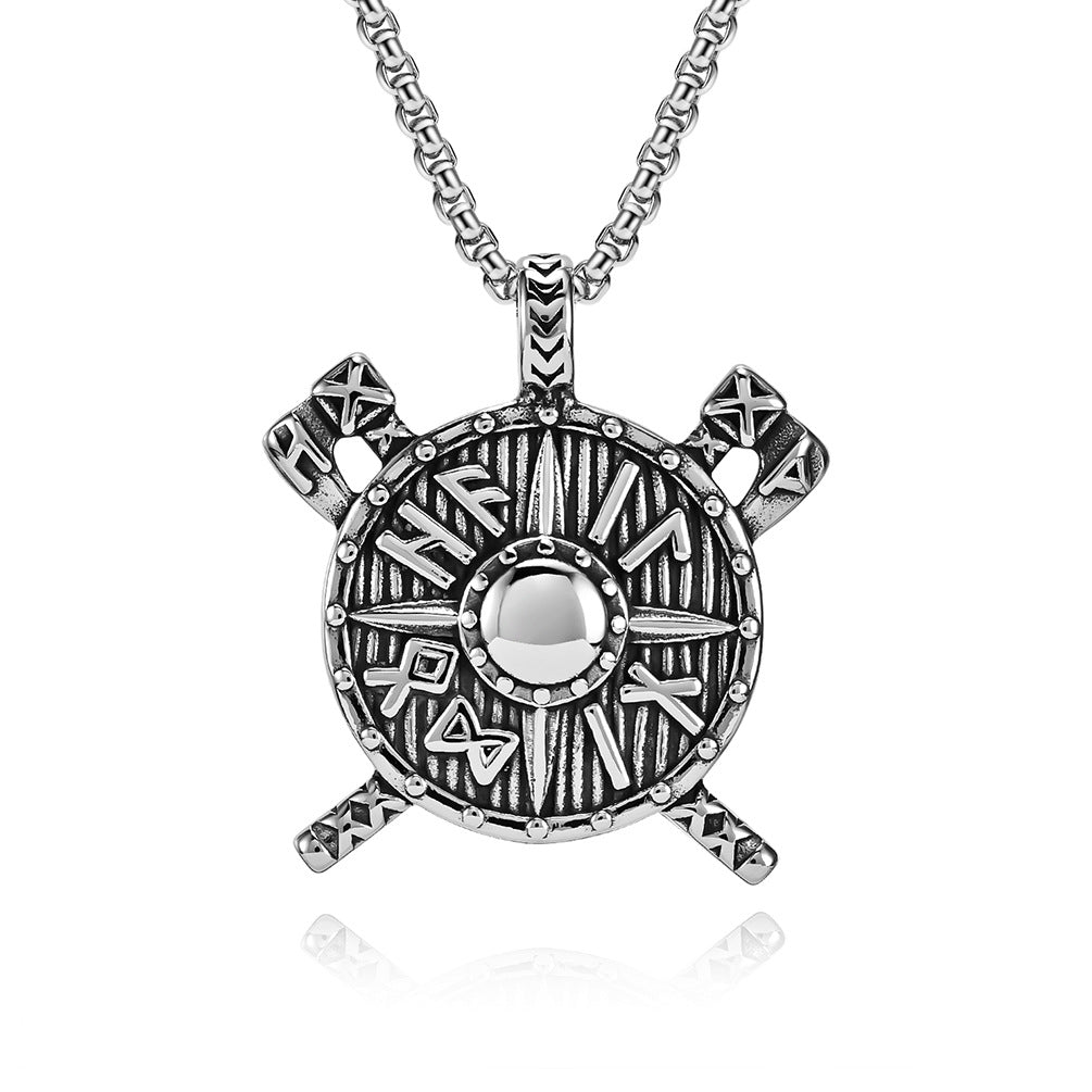 Planderful Viking Shield Axe Pendant Necklace For Men Unisex Stainless Steel Protection Statement