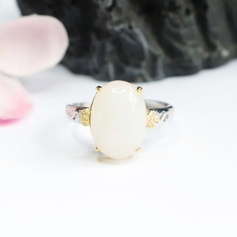 White Jade Ring with Oval Natural Hotan Jade Stone in Sterling Silver